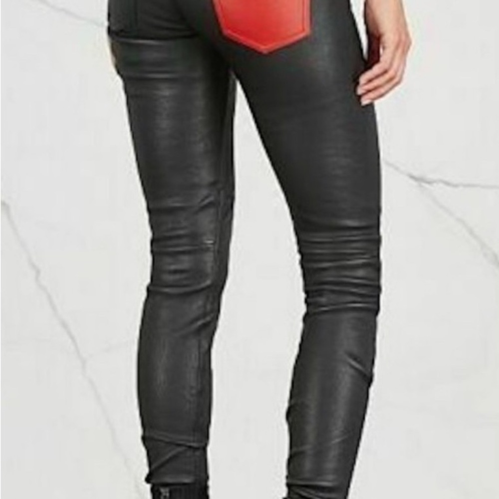 Current/Elliott Women’s Black Leather Edgy Rock n Roll Jeans w Red Pocket Sz 29